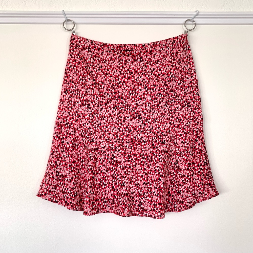 Red Talbots white pink black blue abstract dots print trumpet peplum skirt